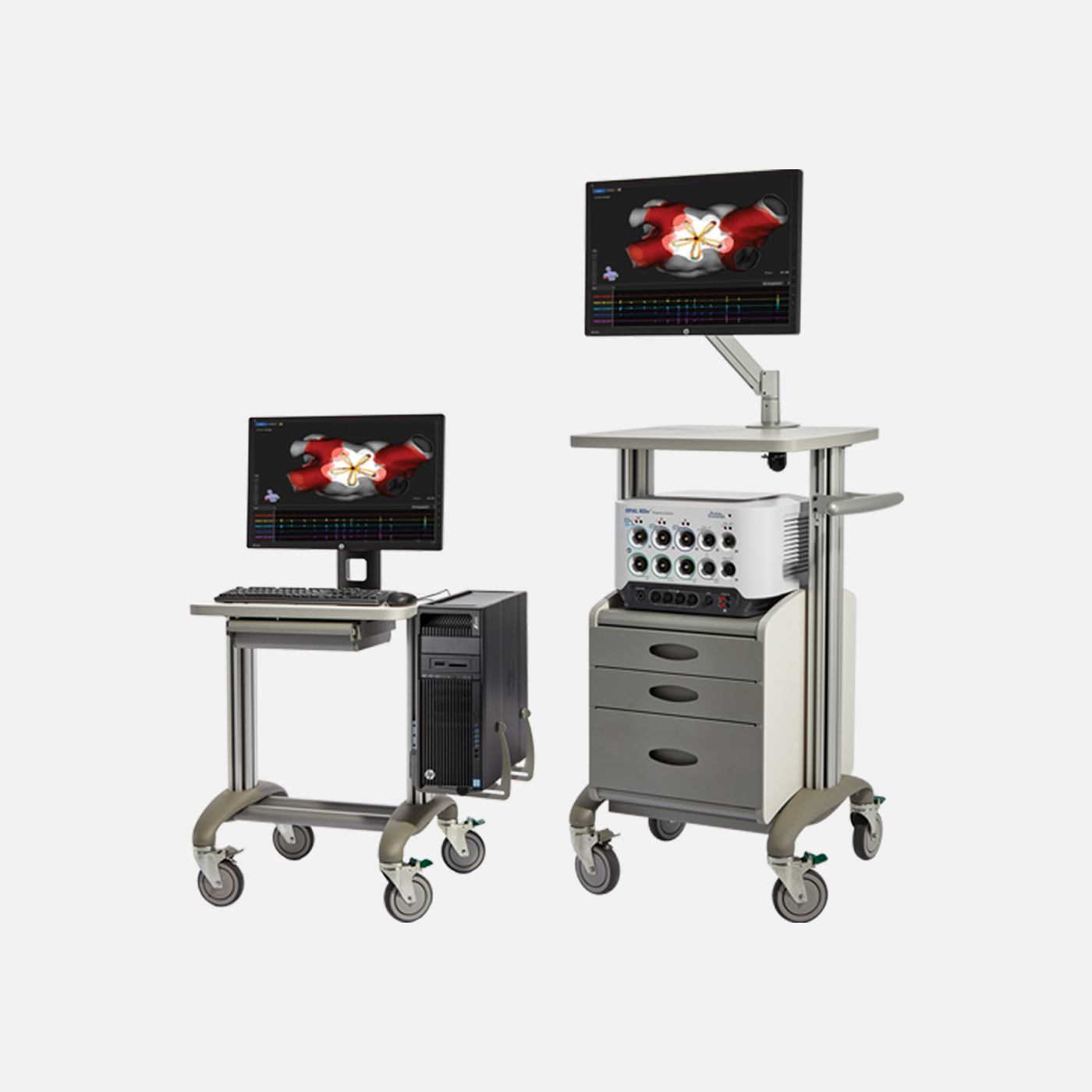 Opal HDX mapping system cart and monitors, one showing a PFA cardiac map and the other a HD cardiac map for RF.