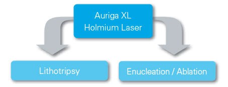 Auriga XL Holmium Laser graphic with down arrows pointing to Lithotripsy and Enucleation/Ablation.